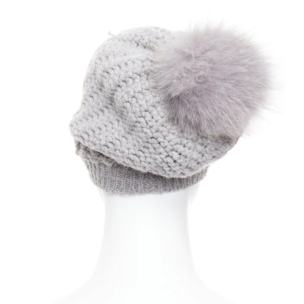 Moncler Fur Pom Knit Beanie Grey Very good - Box View