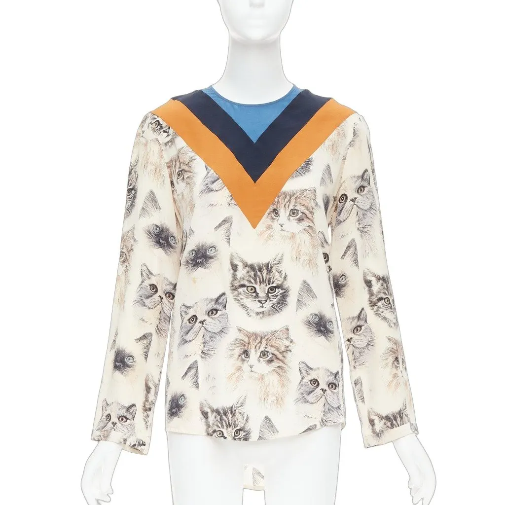 Stella McCartney Cat Print Blouse Beige Silk Good - Front View