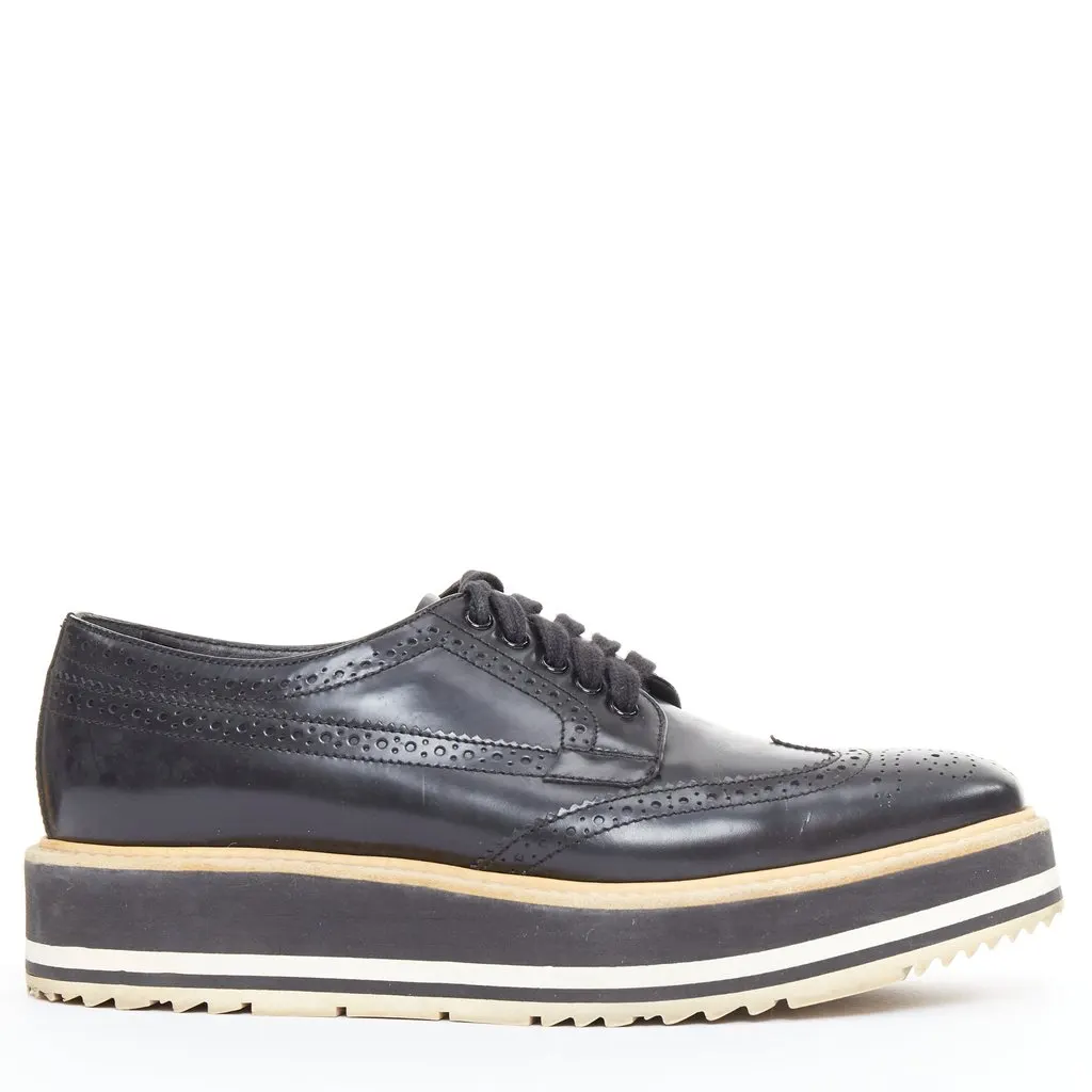 Prada Platform Brogue Oxfords Black Leather Good - Front View