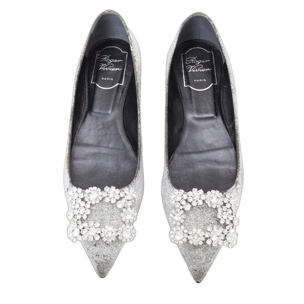 Roger Vivier Crystal Buckle Flats Silver Fair - Front View