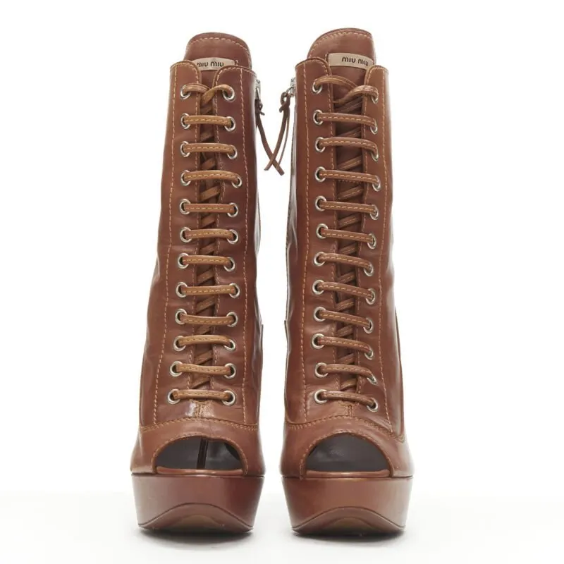 Miu Miu Laced Platform Booties Brown Leather Very good - Inside View