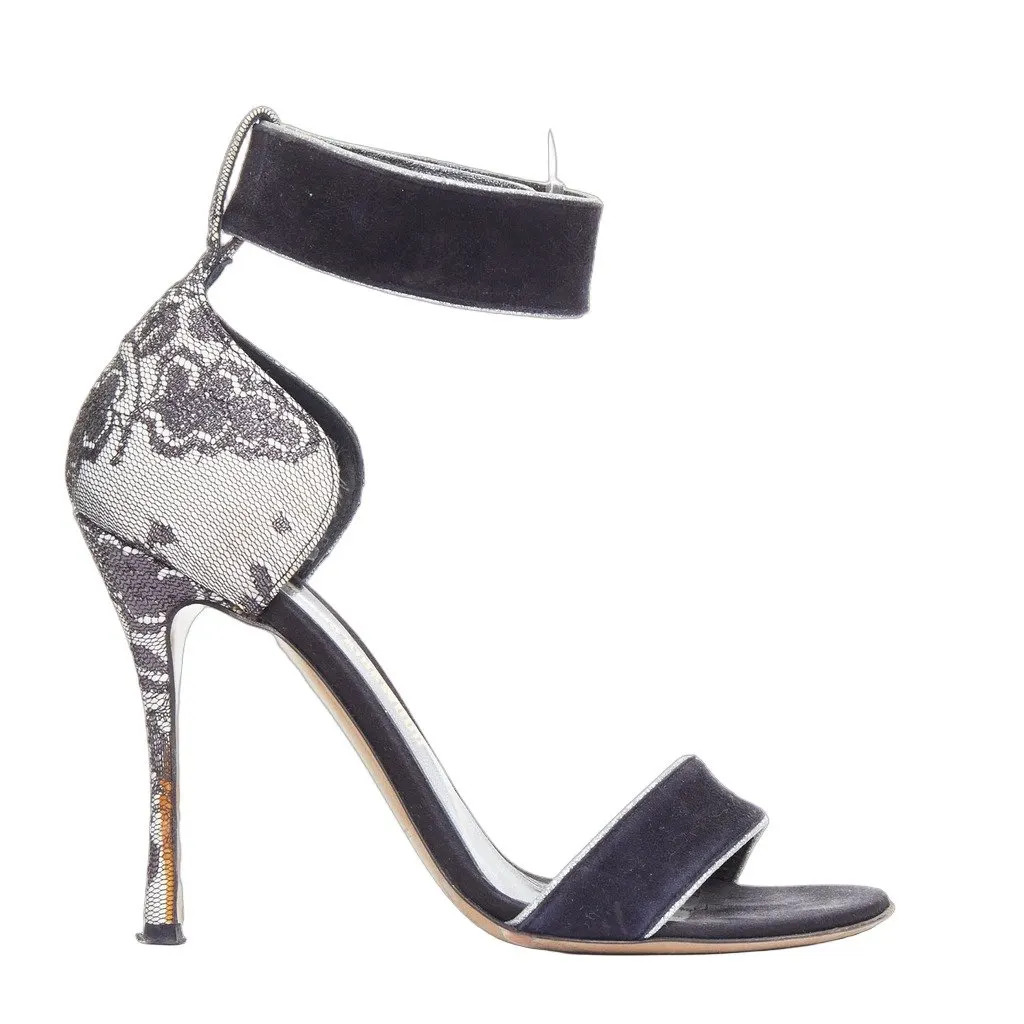 Nicholas Kirkwood Grey Lace Sandals Black Suede Fair - Front View