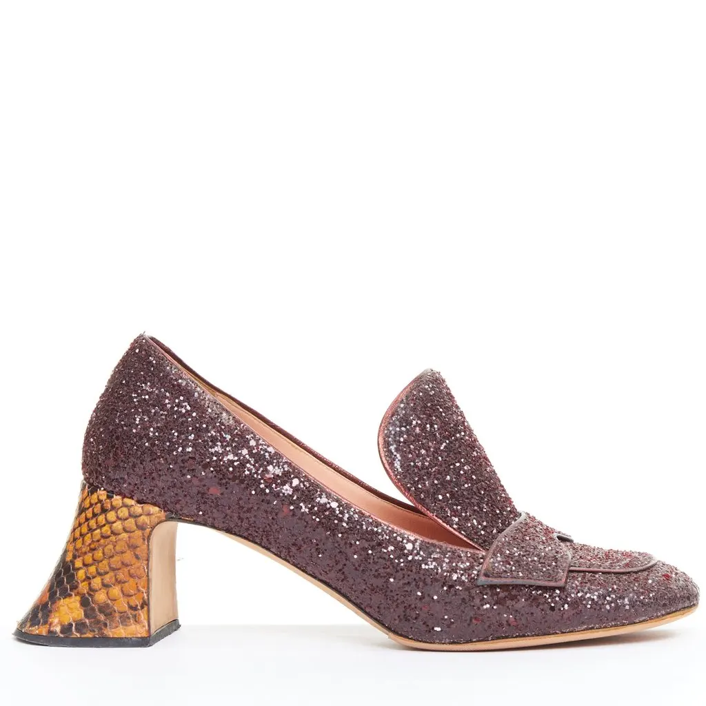 Rochas Glitter Heel Loafers Burgundy Leather Fair - Front View