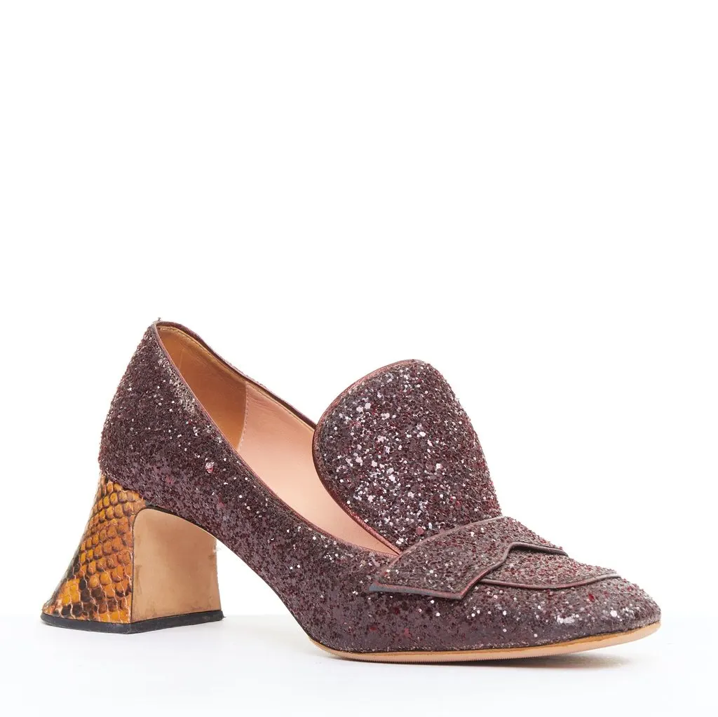 Rochas Glitter Heel Loafers Burgundy Leather Fair - Back View