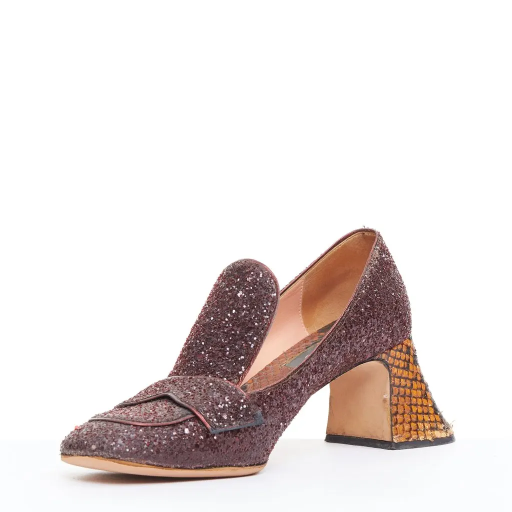 Rochas Glitter Heel Loafers Burgundy Leather Fair - Model View