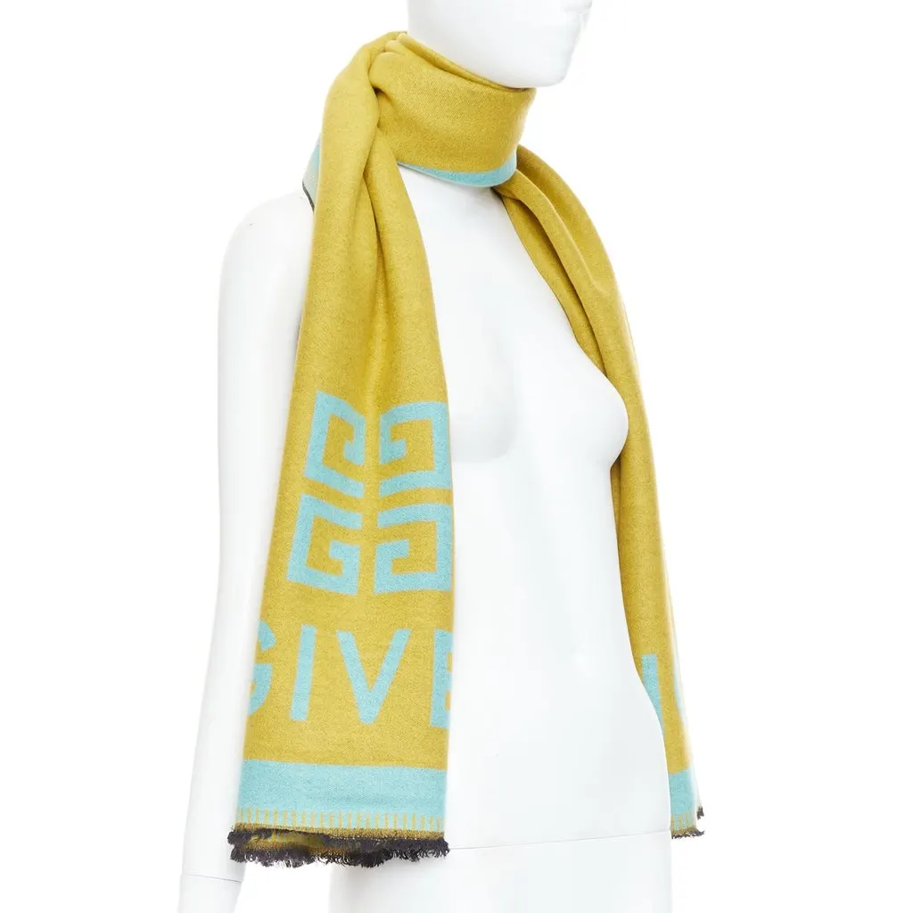 Givenchy Logo Fringe Scarf Green Wool Very good - Inside View