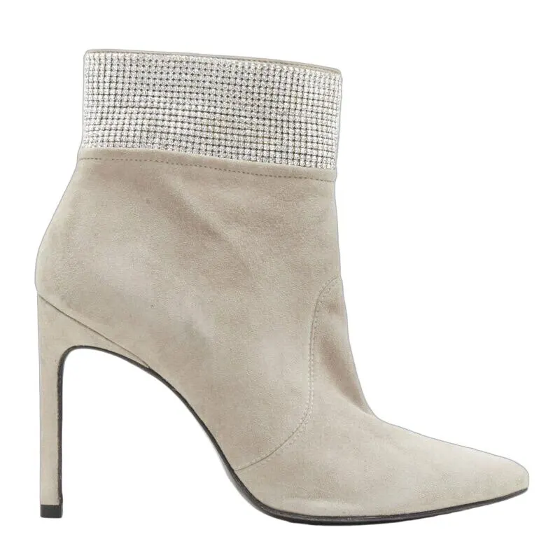 Stuart Weitzman Fossil Crystal Bootie Grey Suede Good - Front View