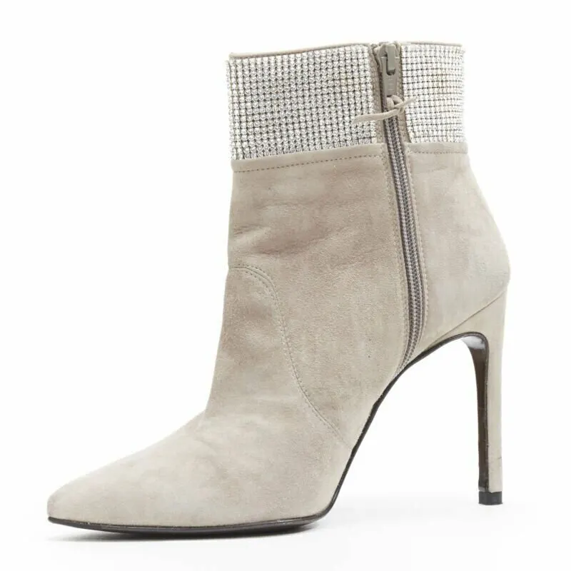 Stuart Weitzman Fossil Crystal Bootie Grey Suede Good - Model View