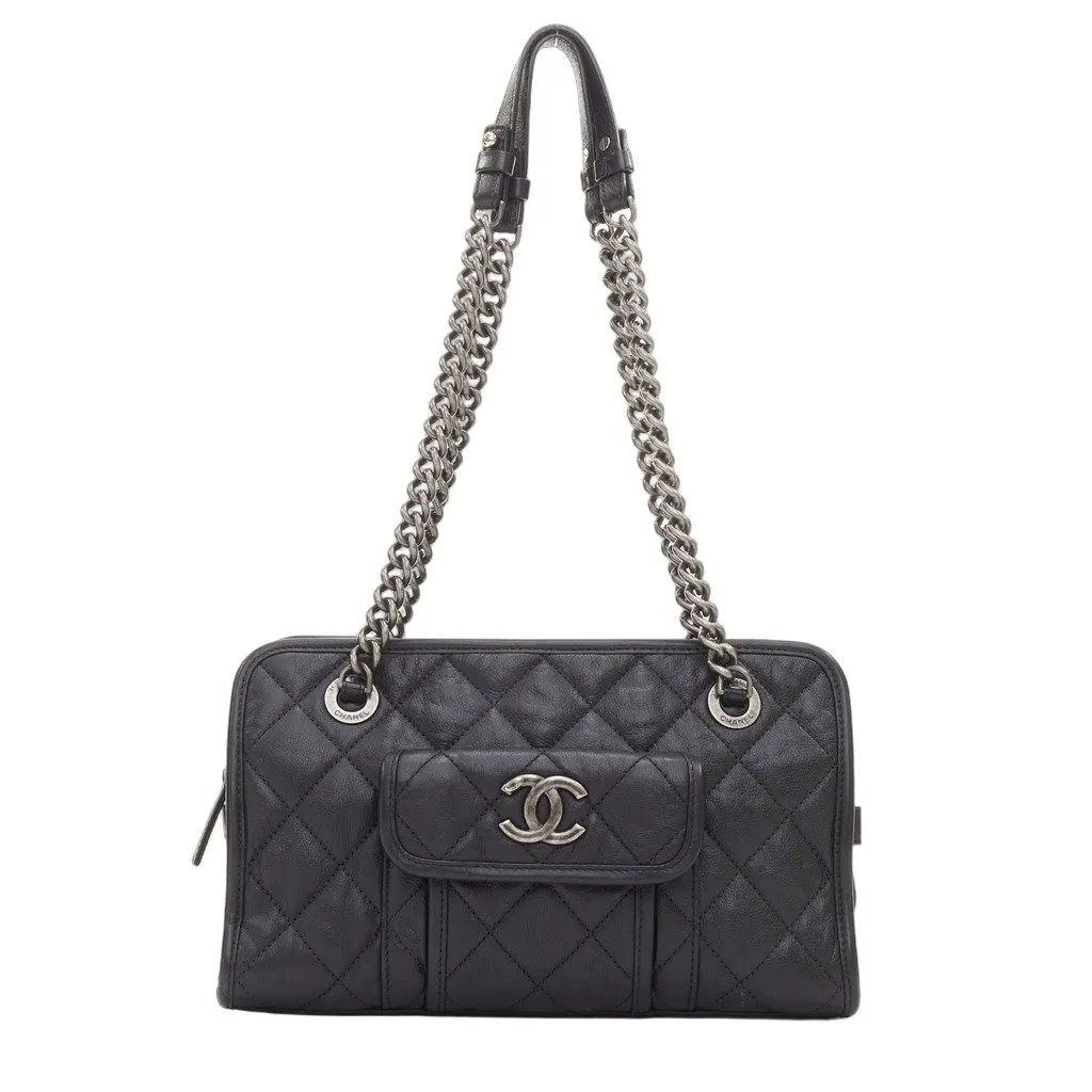 Chanel Calfskin Quilted Small Casual Riviera Zip Shoulder Bag Black Leather Good - Front View