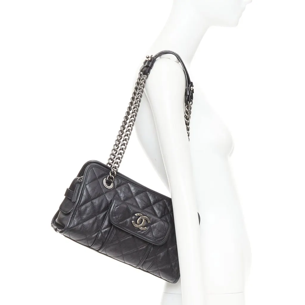 Chanel Calfskin Quilted Small Casual Riviera Zip Shoulder Bag Black Leather Good - Back View