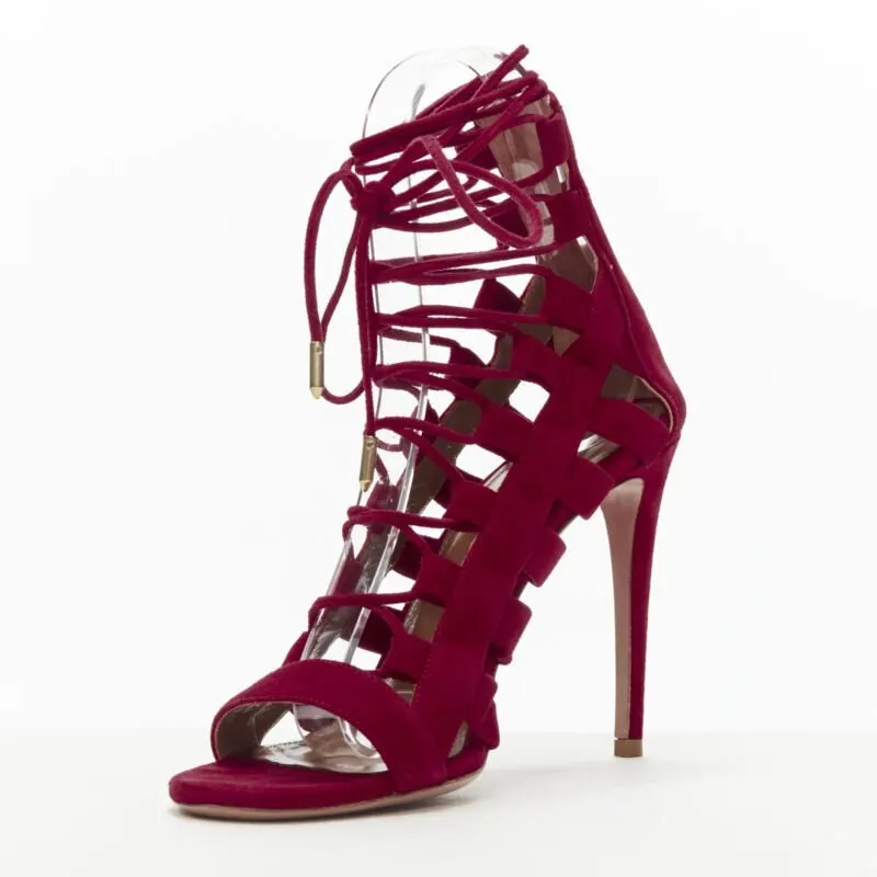 Aquazzura Lace Up Sandals Red Suede Very good - Model View