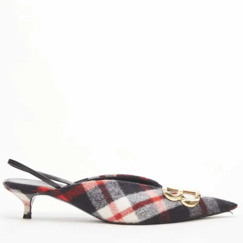 Balenciaga Plaid Wool Sling Pumps Red Polyester Very good - Front View