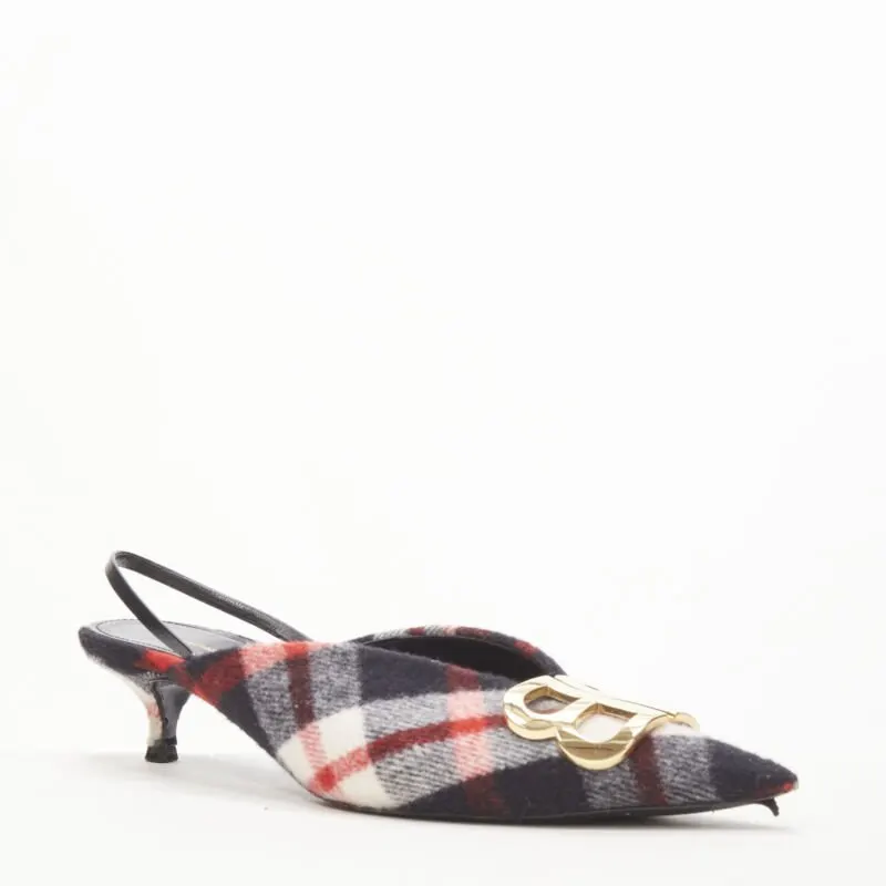 Balenciaga Plaid Wool Sling Pumps Red Polyester Very good - Back View