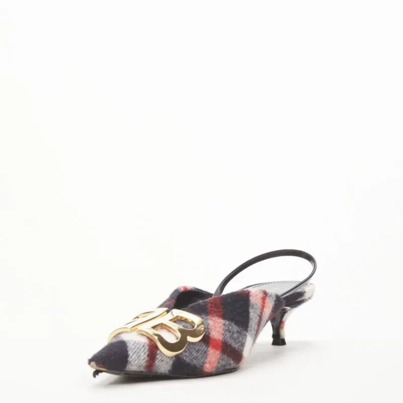 Balenciaga Plaid Wool Sling Pumps Red Polyester Very good - Model View