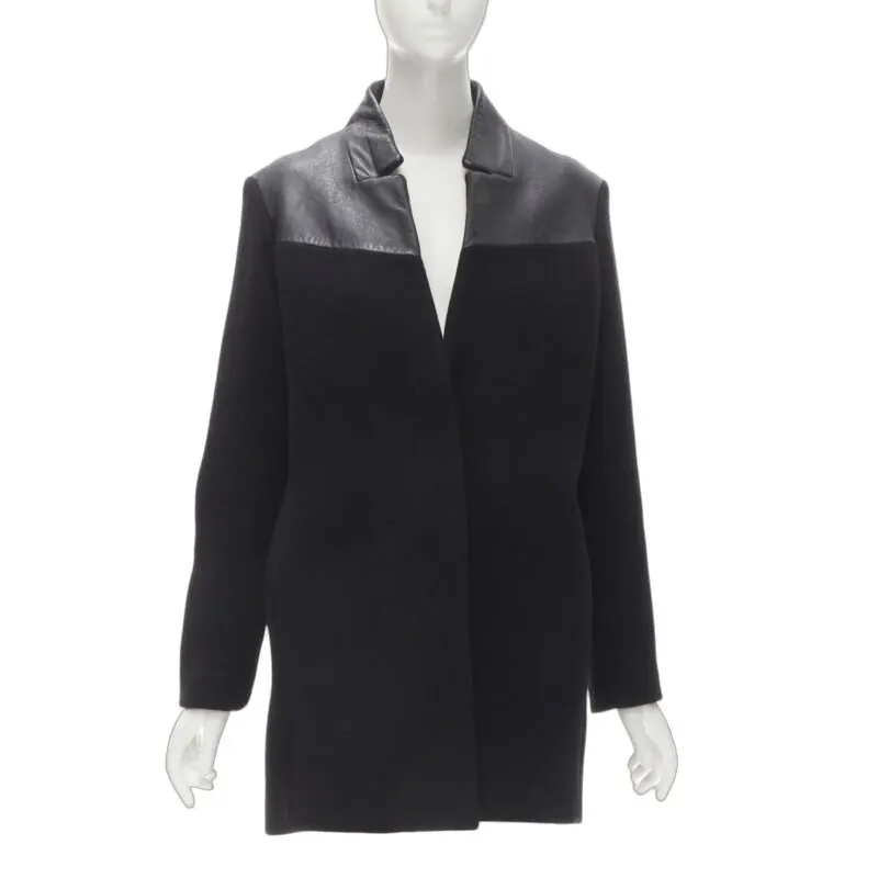 Maje Black Leather Trim Coat Black Wool Very good - Front View