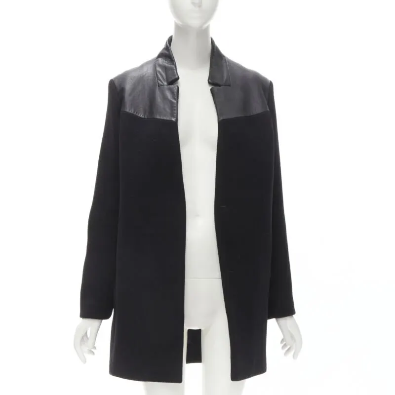 Maje Black Leather Trim Coat Black Wool Very good - Inside View