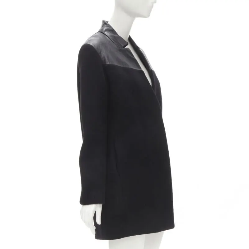 Maje Black Leather Trim Coat Black Wool Very good - Model View
