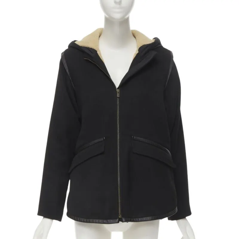 Maje Black Shearling Flared Coat Black Polyester Never worn - Front View