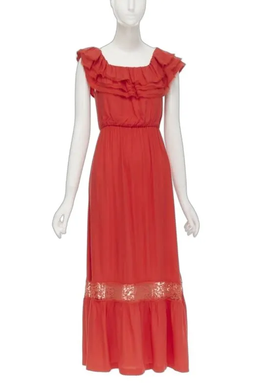 Alice & Olivia Ruffle Lace Dress Red Cotton Very good - Front View