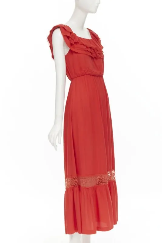 Alice & Olivia Ruffle Lace Dress Red Cotton Very good - Inside View