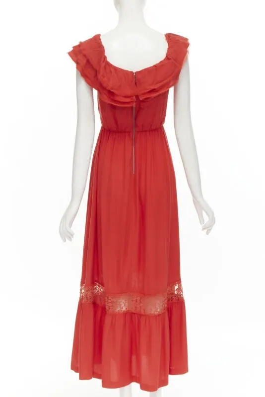 Alice & Olivia Ruffle Lace Dress Red Cotton Very good - Box View
