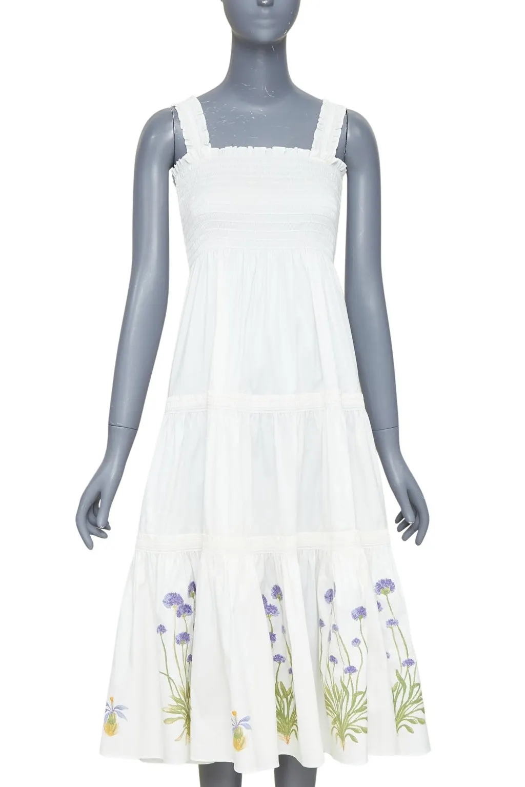 Tory Burch Embroidered Smocked Midi Beige Cotton Very good - Front View