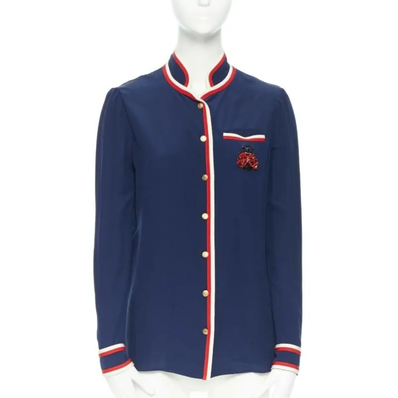 Gucci Ladybug Brooch Shirt Blue Silk Very good - Front View