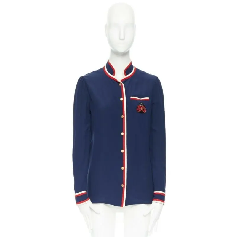 Gucci Ladybug Brooch Shirt Blue Silk Very good - Inside View