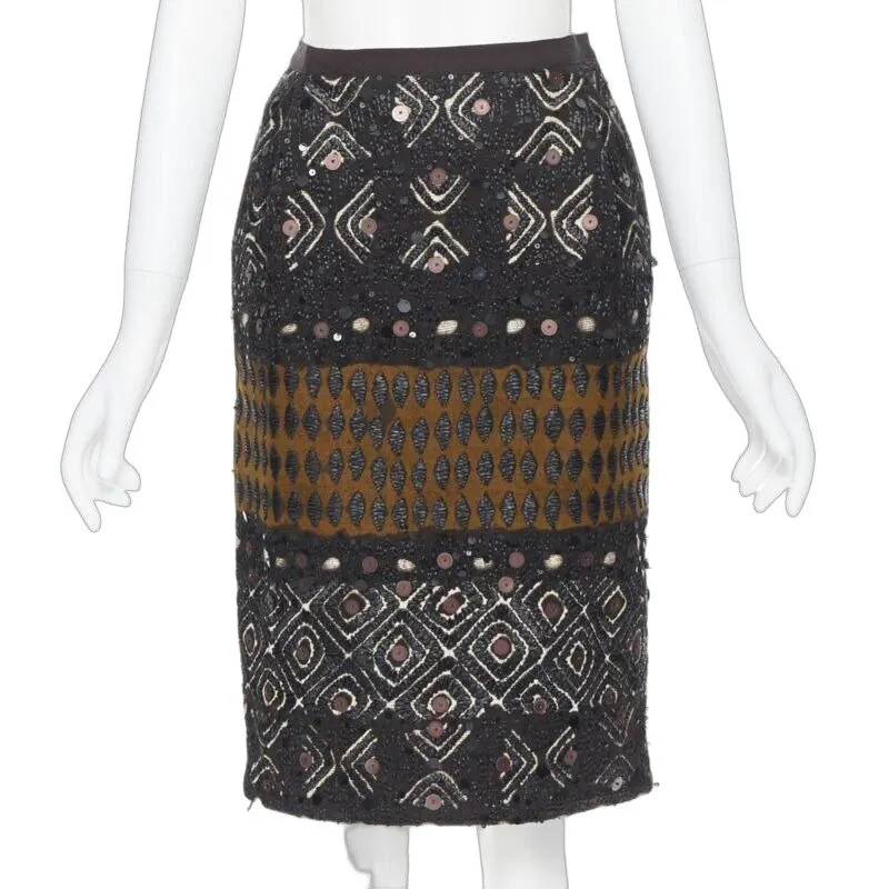 Oscar de la Renta Raffia Jacquard Skirt Brown Cotton Never worn - Front View