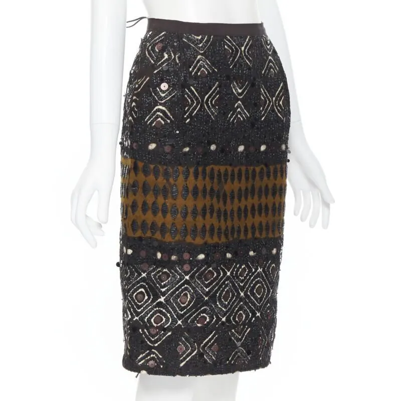 Oscar de la Renta Raffia Jacquard Skirt Brown Cotton Never worn - Model View
