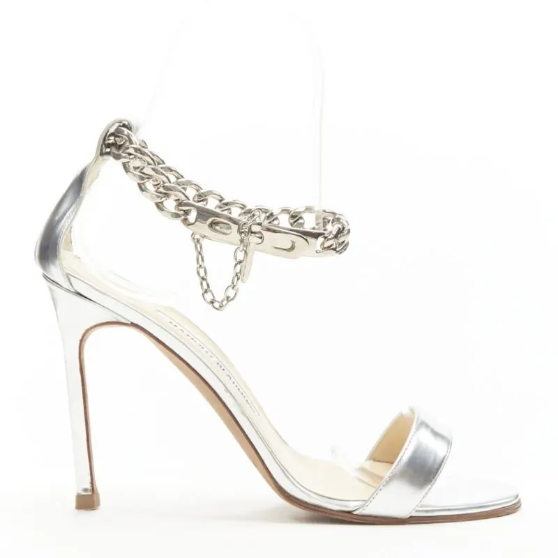 Manolo Blahnik Chain Strap Sandals Silver Leather Good - Front View