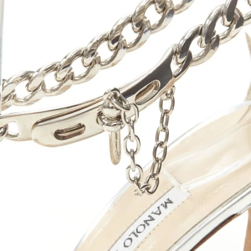 Manolo Blahnik Chain Strap Sandals Silver Leather Good - Back View