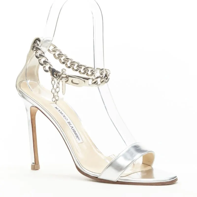 Manolo Blahnik Chain Strap Sandals Silver Leather Good - Inside View