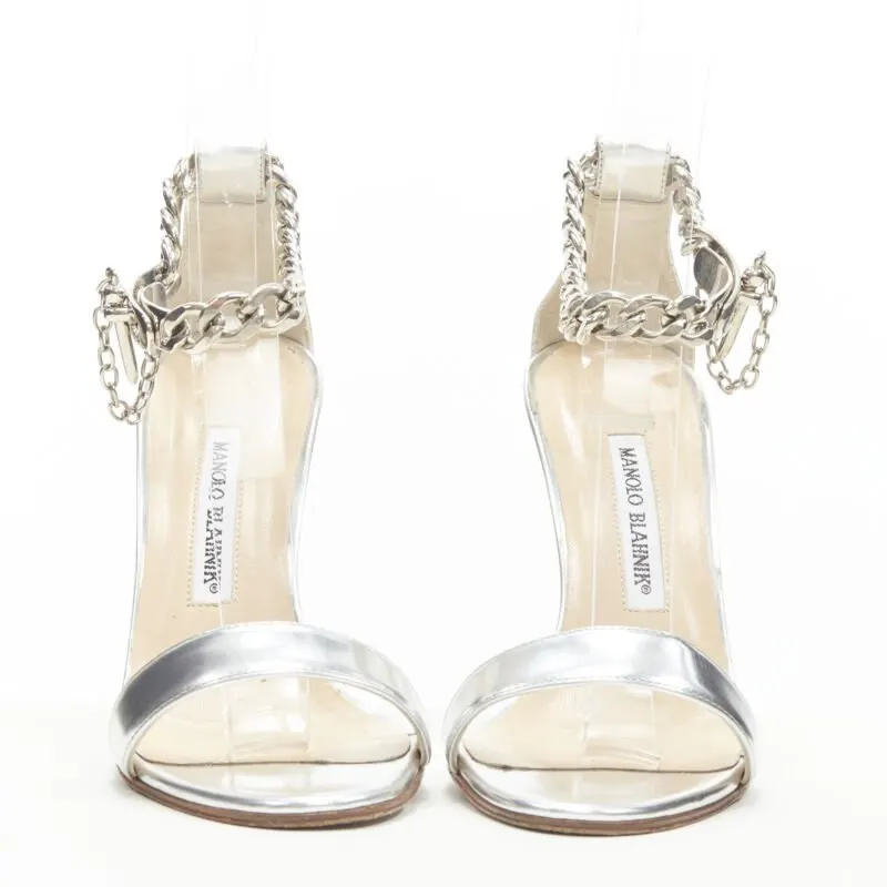 Manolo Blahnik Chain Strap Sandals Silver Leather Good - Model View