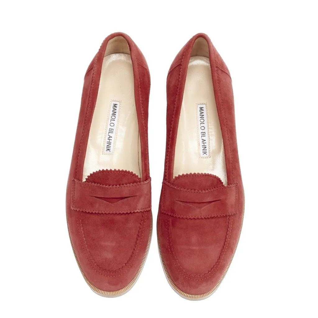 Manolo Blahnik Classic Penny Loafers Red Suede Good - Front View