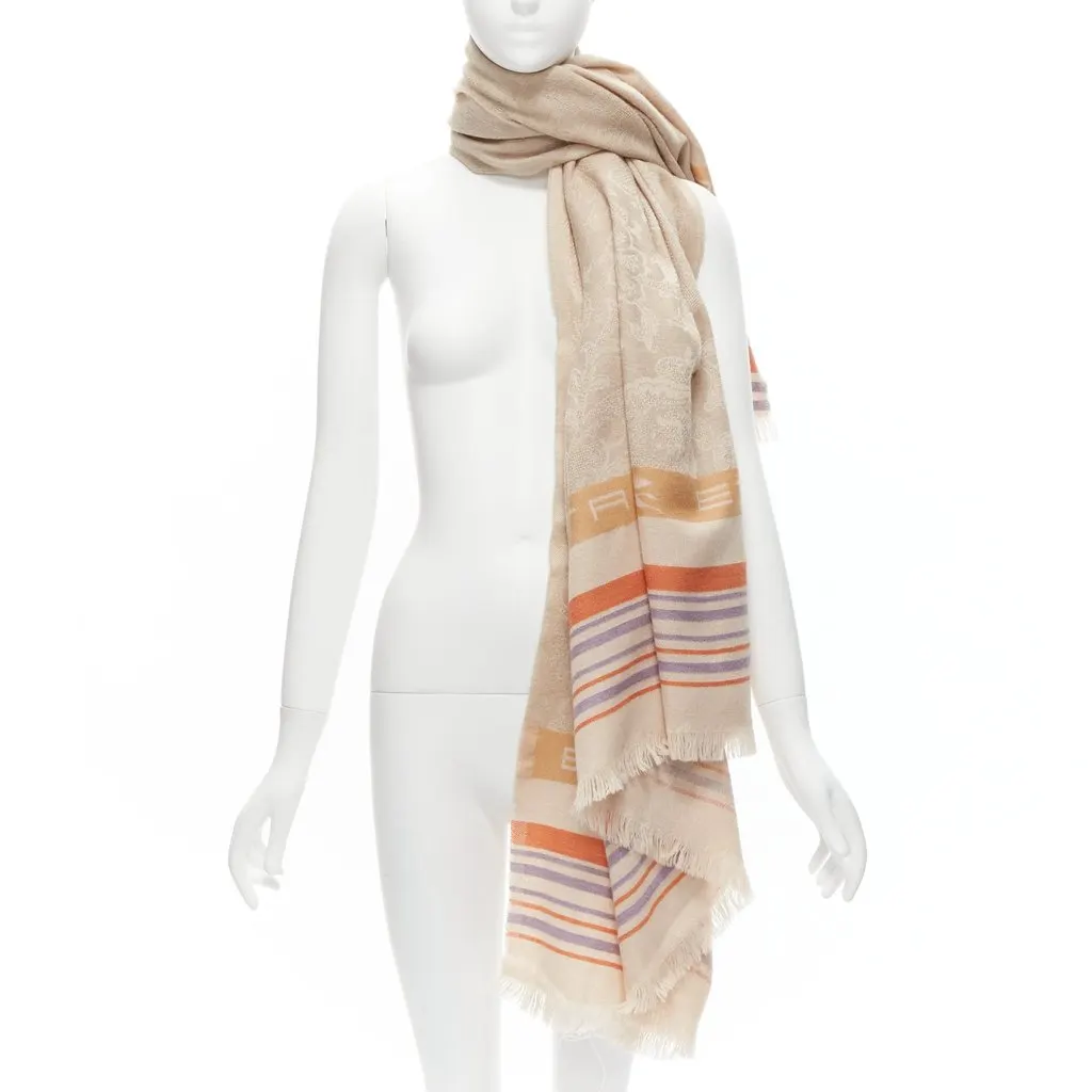 Etro Logo Fringe Scarf Beige Wool Very good - Front View