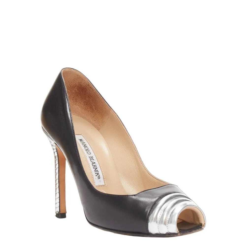 Manolo Blahnik Quilted Peep Pumps Black Leather Good - Front View