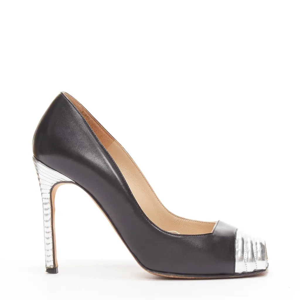 Manolo Blahnik Quilted Peep Pumps Black Leather Good - Back View