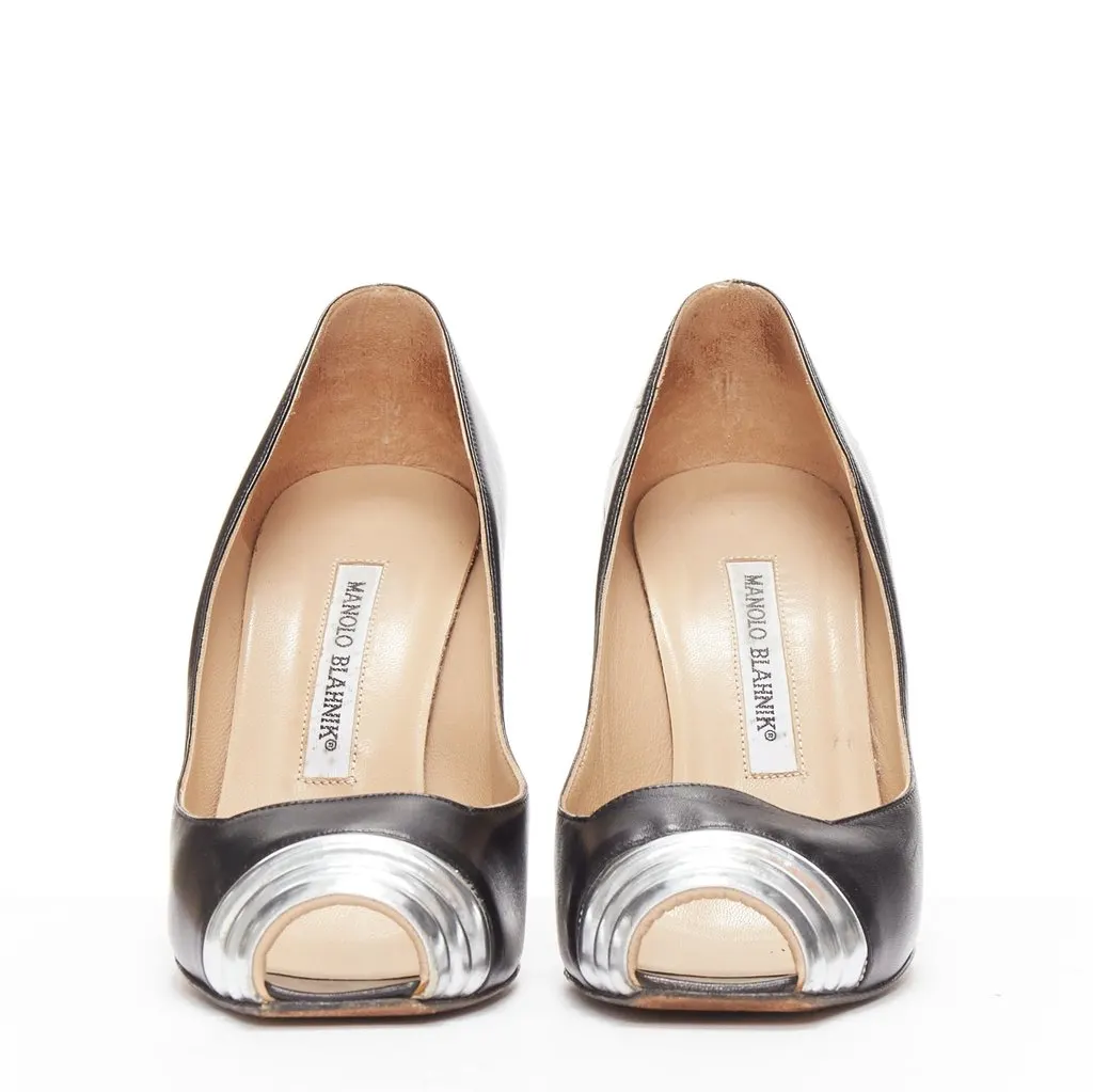Manolo Blahnik Quilted Peep Pumps Black Leather Good - Inside View