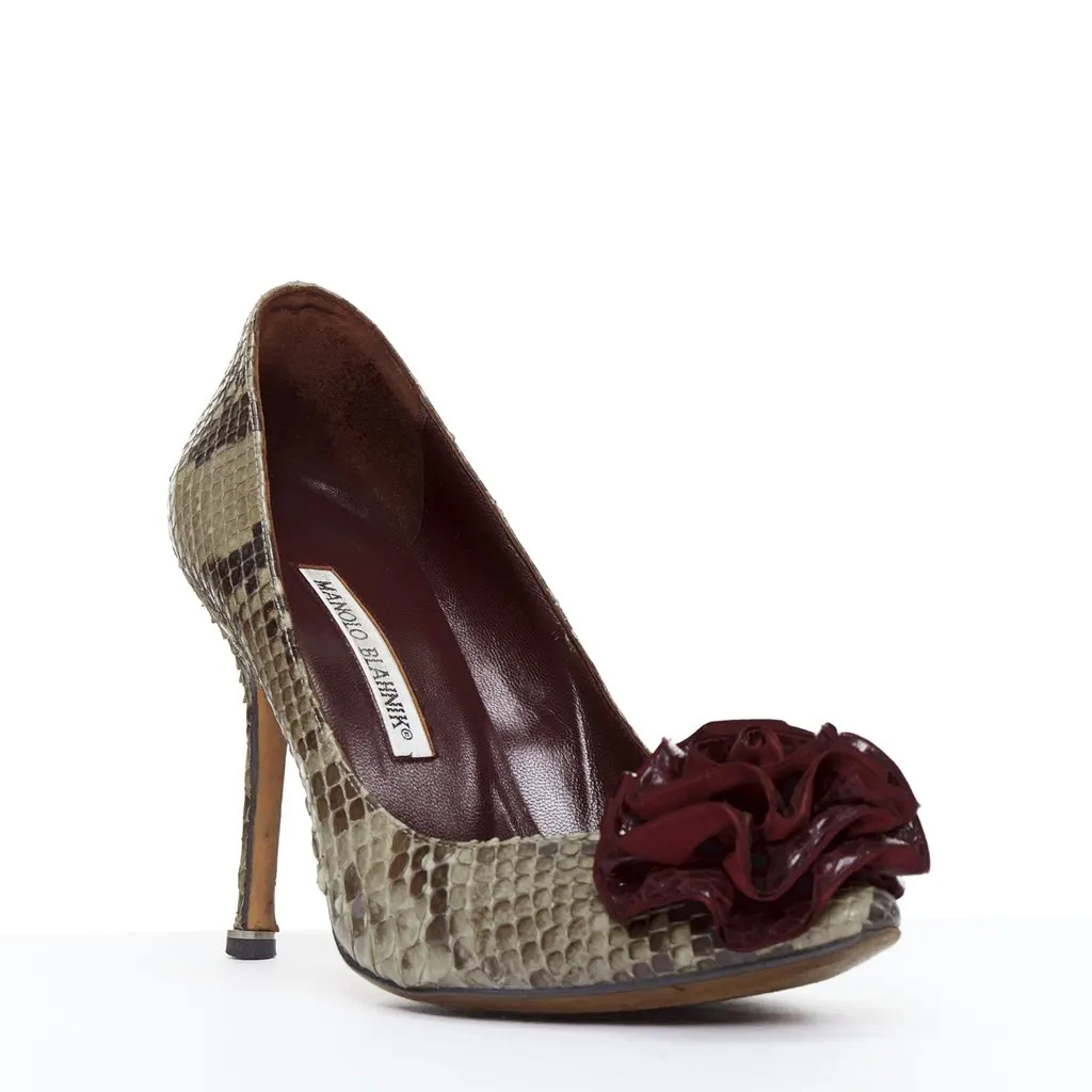 Manolo Blahnik Rose Applique Pumps Khaki Leather Good - Back View