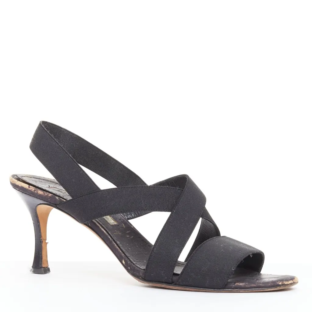 Manolo Blahnik Elastic Cork Sandals Black Wood Fair - Back View
