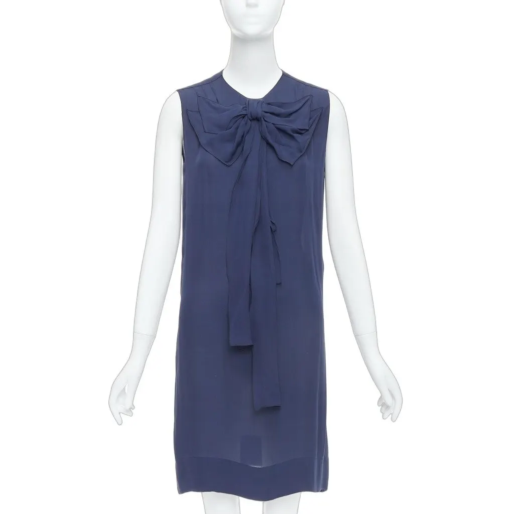 Stella McCartney Bow Neck Dress Navy Silk Never worn, with tag - Front View