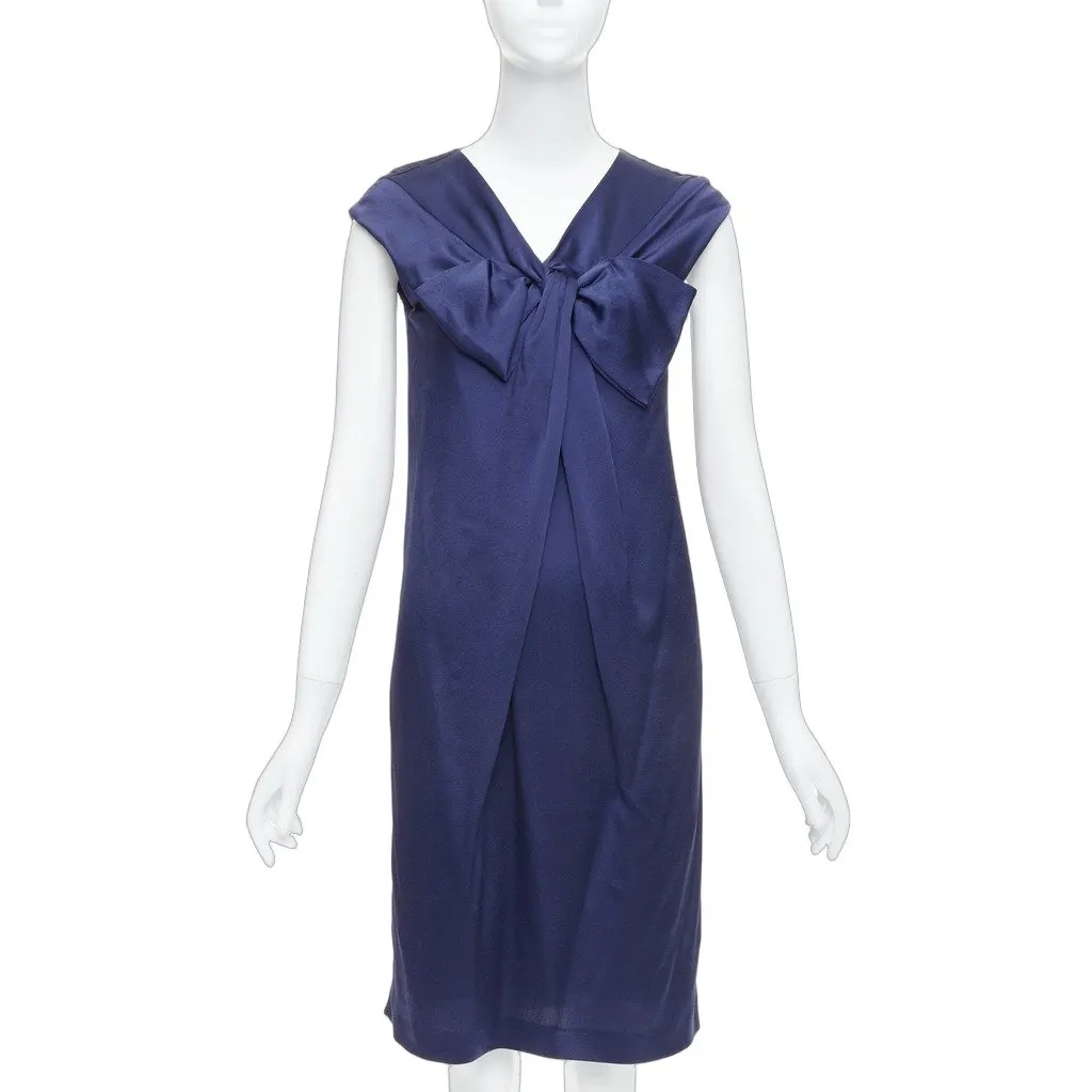 Alberta Ferretti Bow Cap Sleeve Dress Navy Silk Never worn - Front View