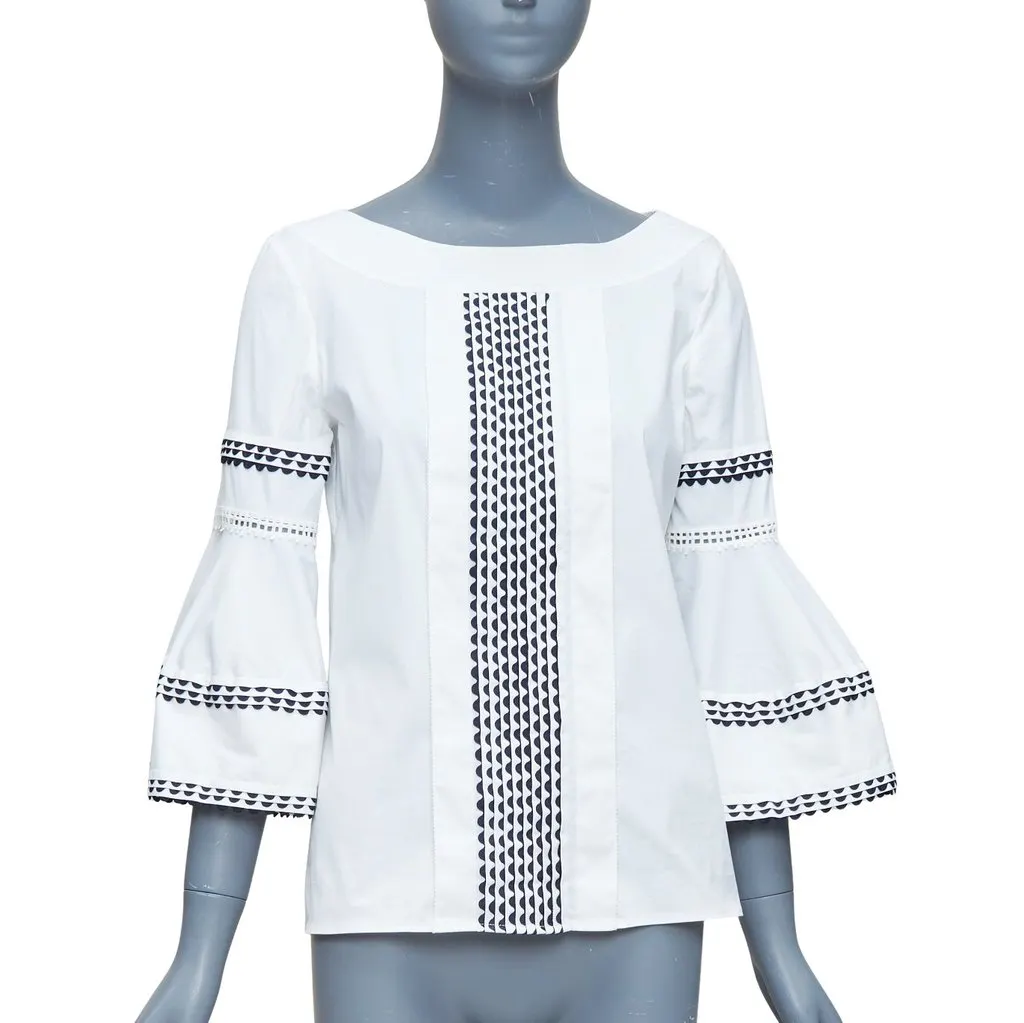 Oscar de la Renta Scallop Sleeve Top Beige Cotton Fair - Front View