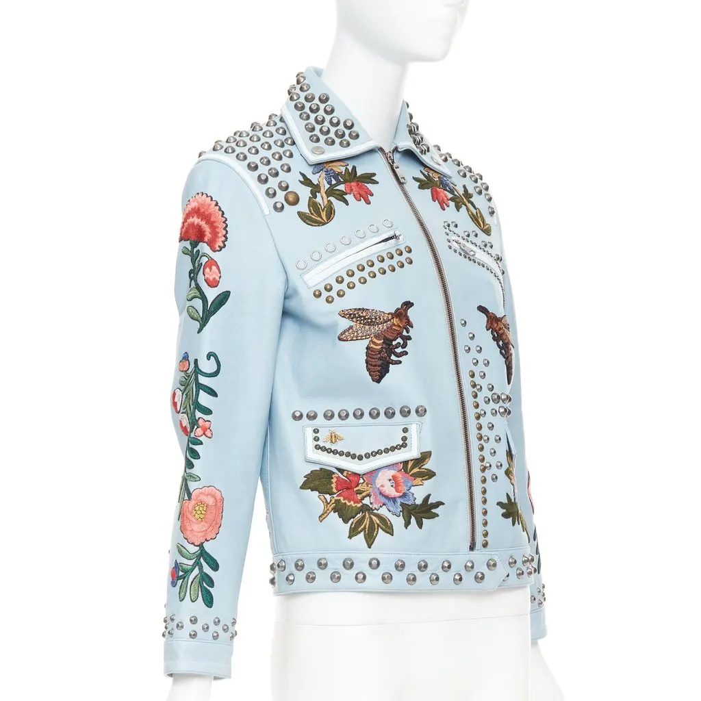 Gucci Blue Leather Leather Jacket Blue Leather Good - Model View