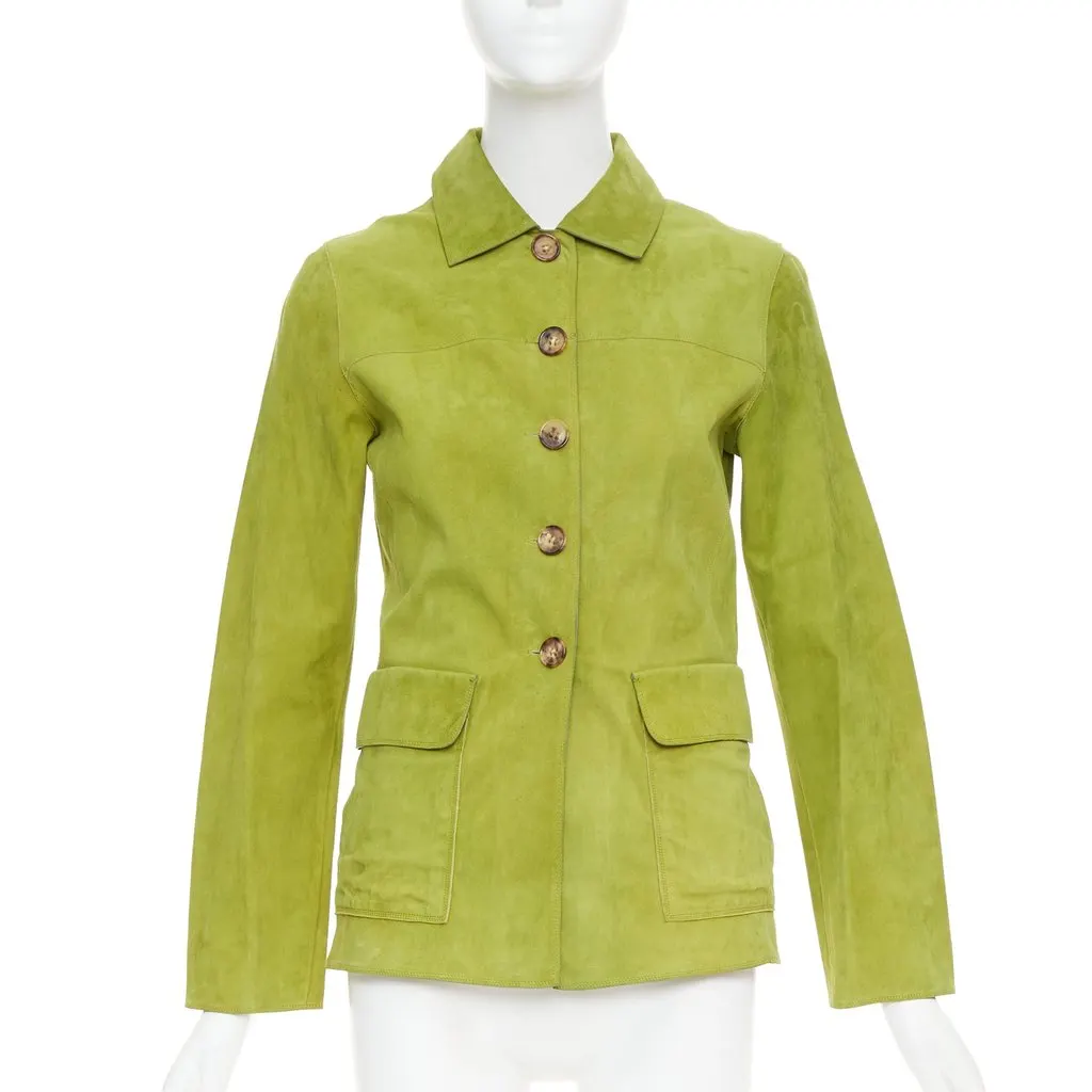 Loro Piana Green Suede Leather Jacket Green Suede Fair - Front View