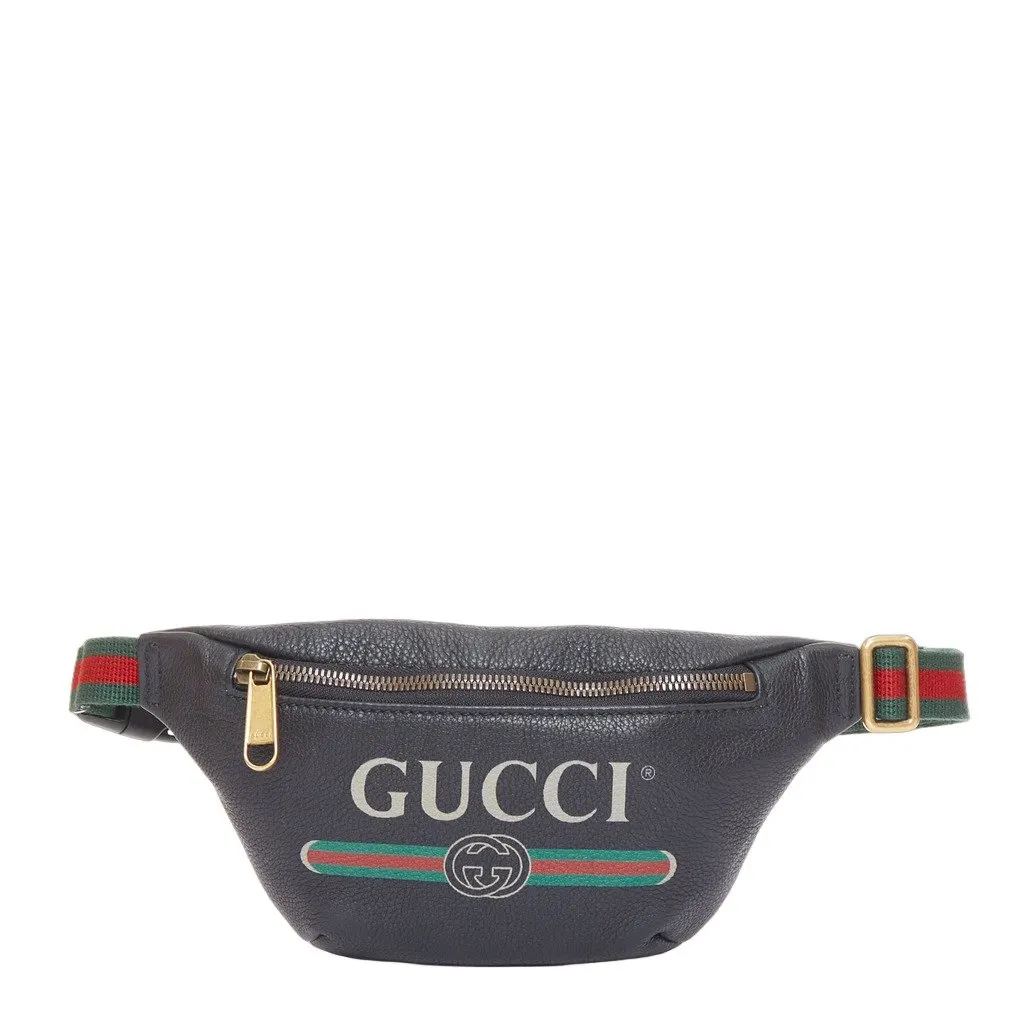 Gucci Gucci Print Leather Logo Small Belt Bag Black Leather Very good - Front View