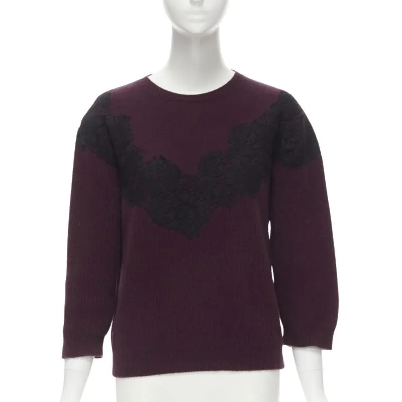 Valentino Lace Applique Sweater Burgundy Wool Never worn - Front View
