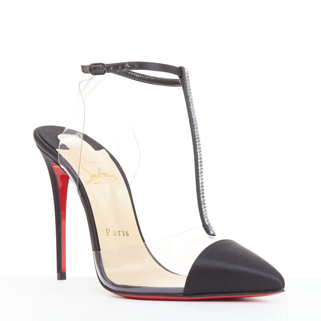 Christian Louboutin Nosy Strass 100 Crepe Satin PVC Black Silk Very good - Front View