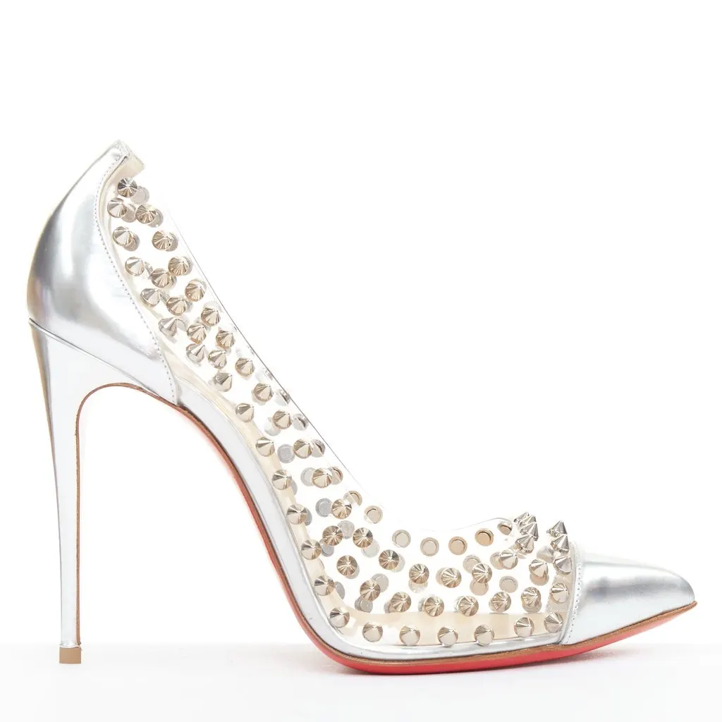 Christian Louboutin Spike Me 100 Silver Leather Good - Front View